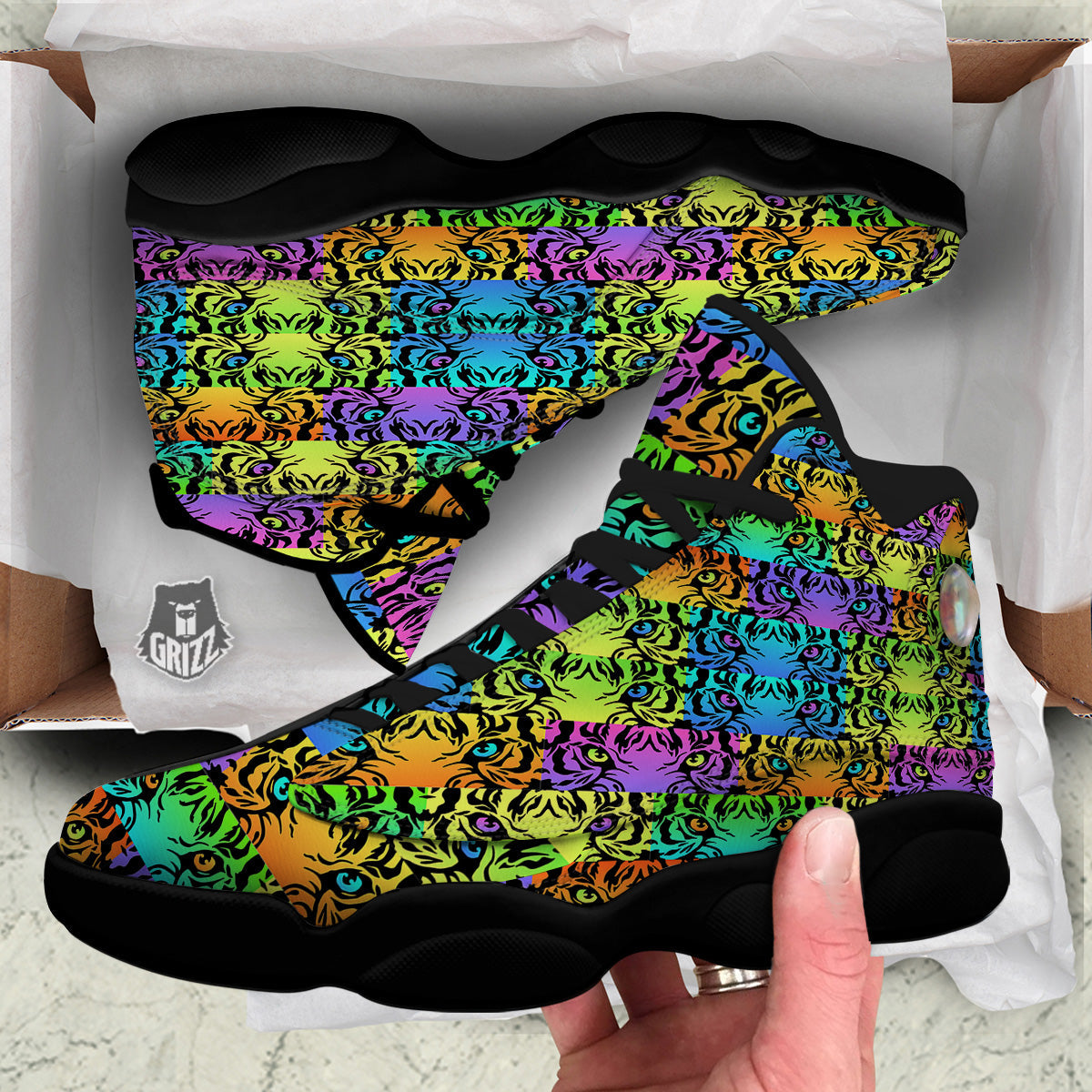 Rainbow Tiger Eyes Print Pattern Black Basketball Shoes-grizzshop
