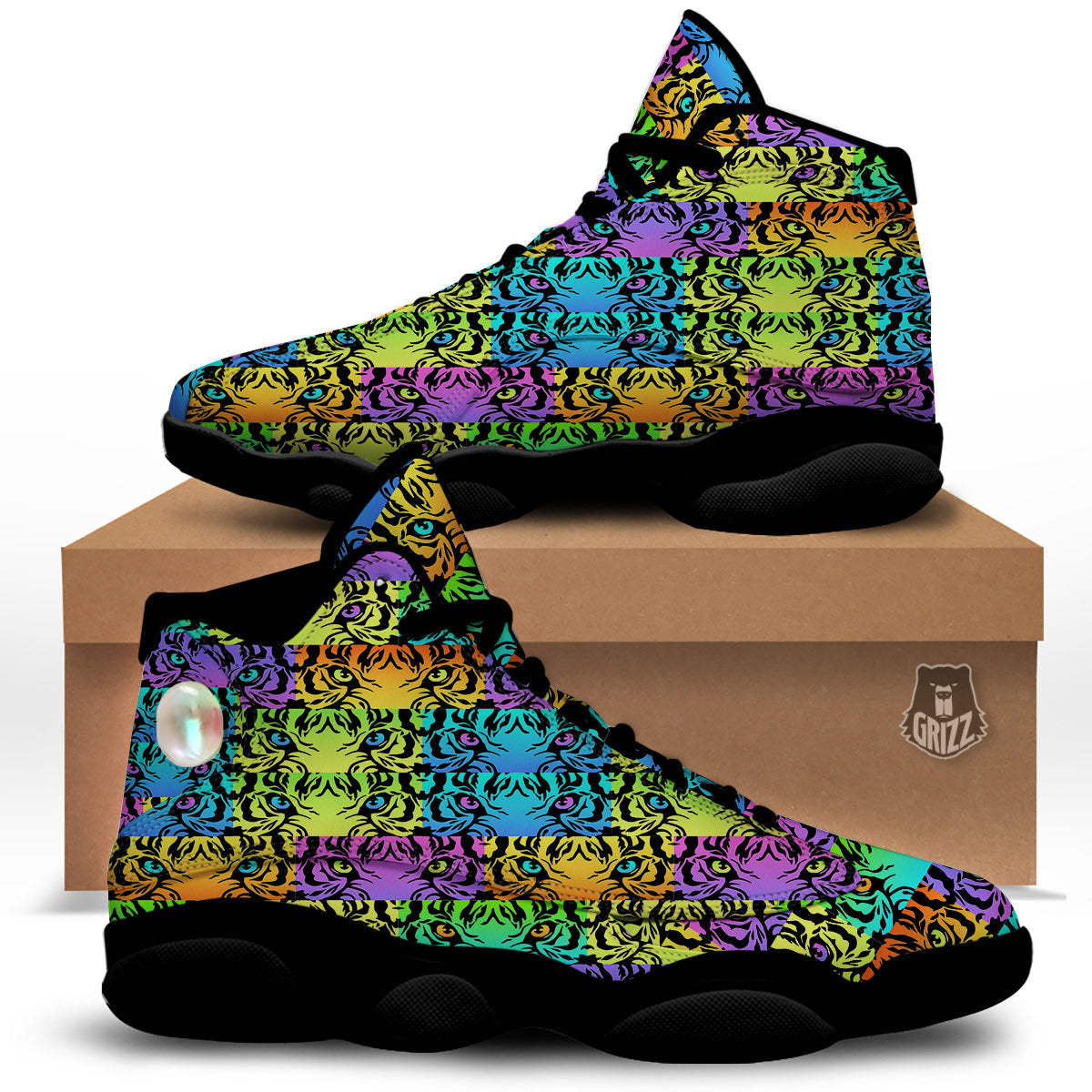 Rainbow Tiger Eyes Print Pattern Black Basketball Shoes-grizzshop