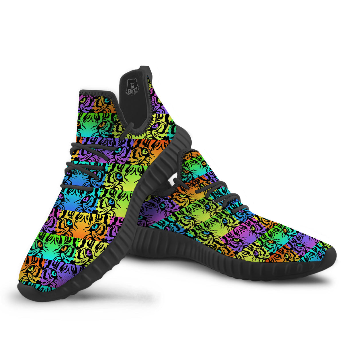 Rainbow Tiger Eyes Print Pattern Black Walking Shoes-grizzshop