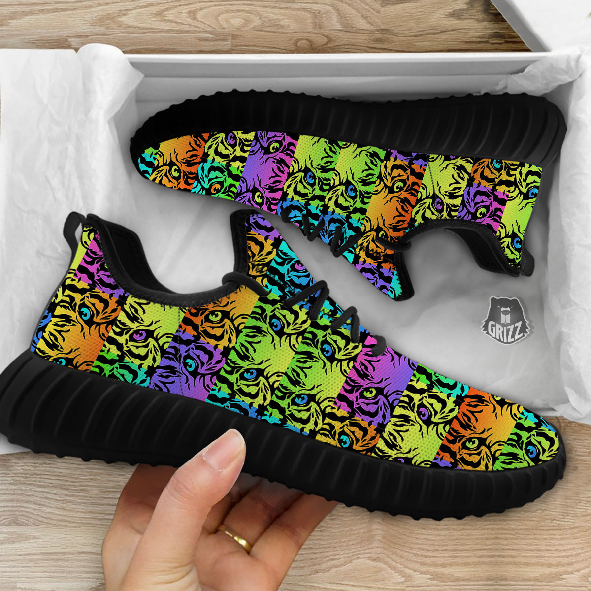 Rainbow Tiger Eyes Print Pattern Black Walking Shoes-grizzshop