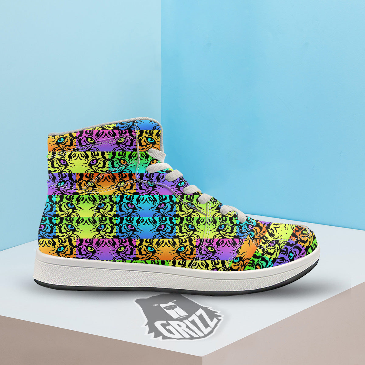Rainbow Tiger Eyes Print Pattern High Top Sneakers-grizzshop