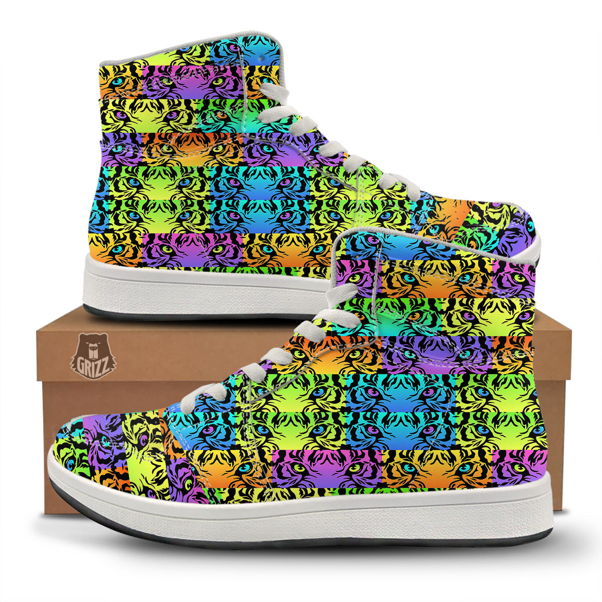 Rainbow Tiger Eyes Print Pattern High Top Sneakers-grizzshop