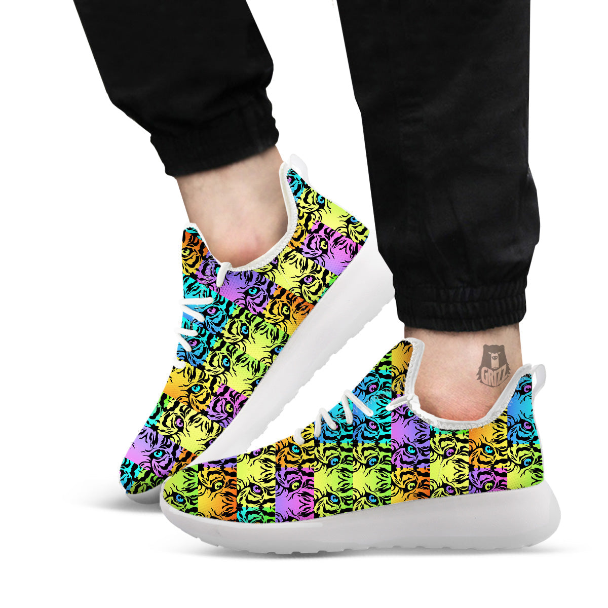 Rainbow Tiger Eyes Print Pattern White Athletic Shoes-grizzshop