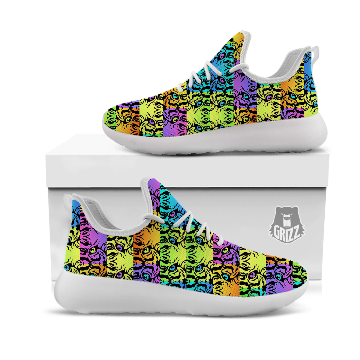 Rainbow Tiger Eyes Print Pattern White Athletic Shoes-grizzshop