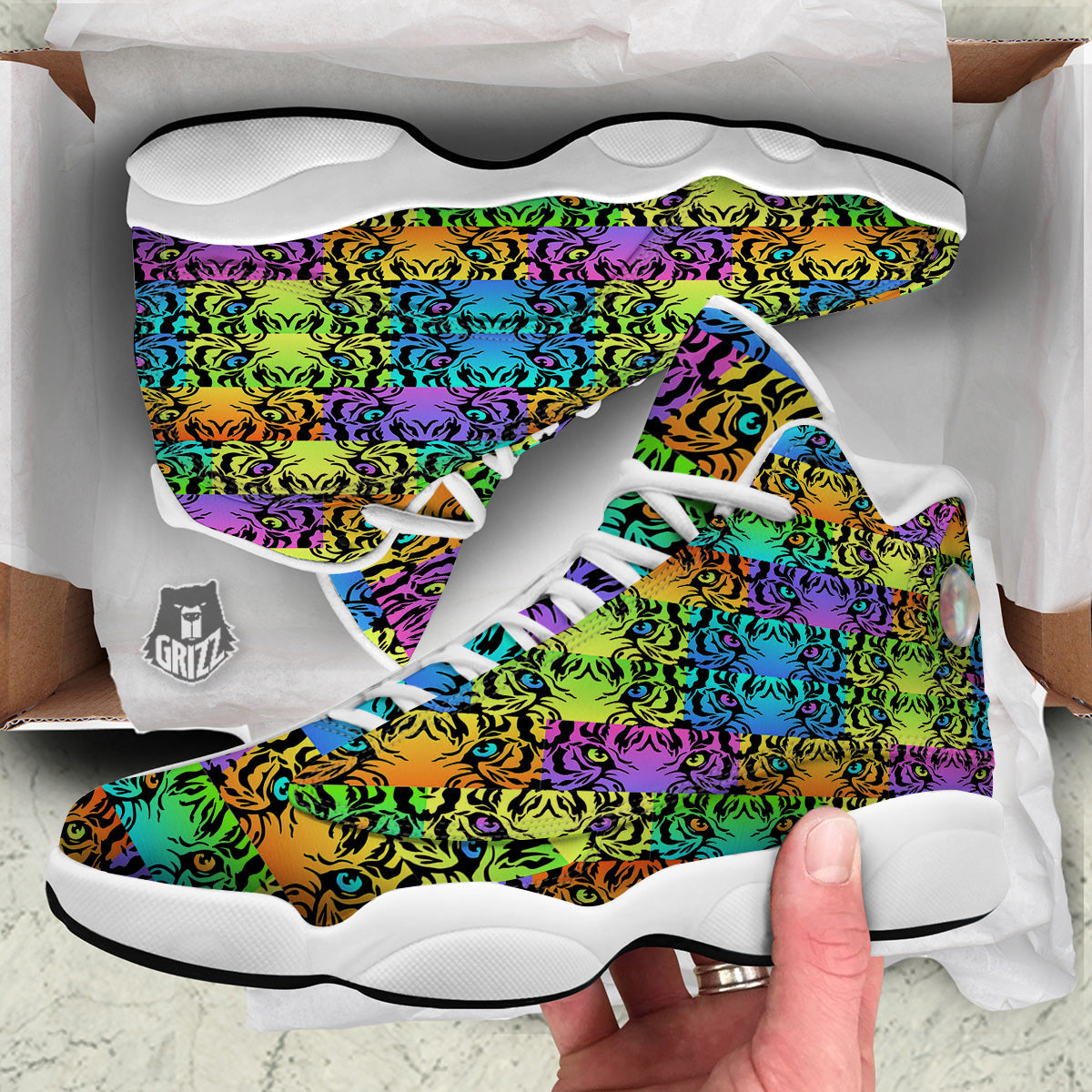 Rainbow Tiger Eyes Print Pattern White Basketball Shoes-grizzshop