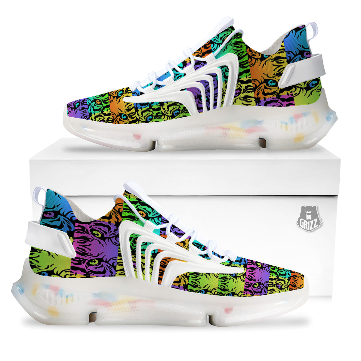 Rainbow Tiger Eyes Print Pattern White Gym Shoes-grizzshop