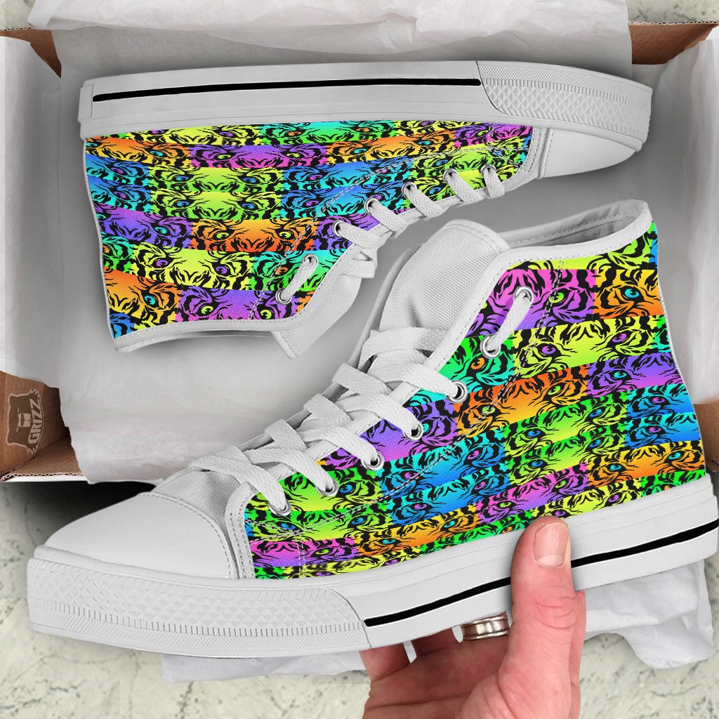 Rainbow Tiger Eyes Print Pattern White High Top Shoes-grizzshop