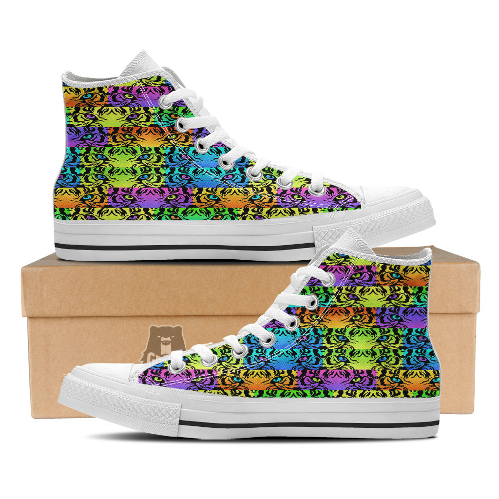 Rainbow Tiger Eyes Print Pattern White High Top Shoes-grizzshop