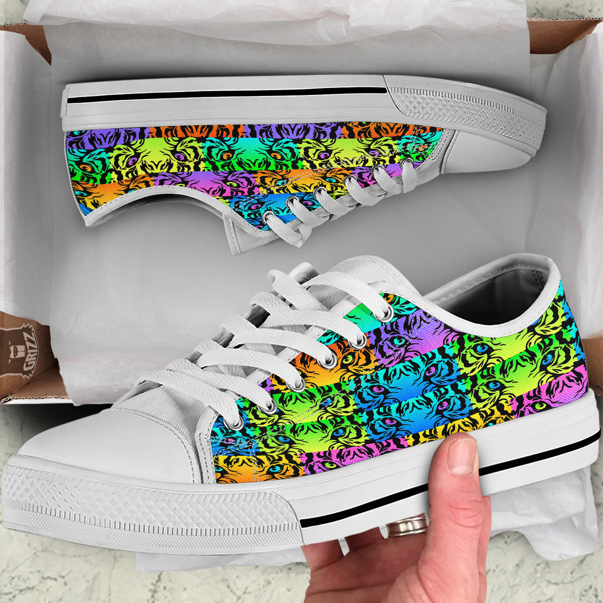Rainbow Tiger Eyes Print Pattern White Low Top Shoes-grizzshop