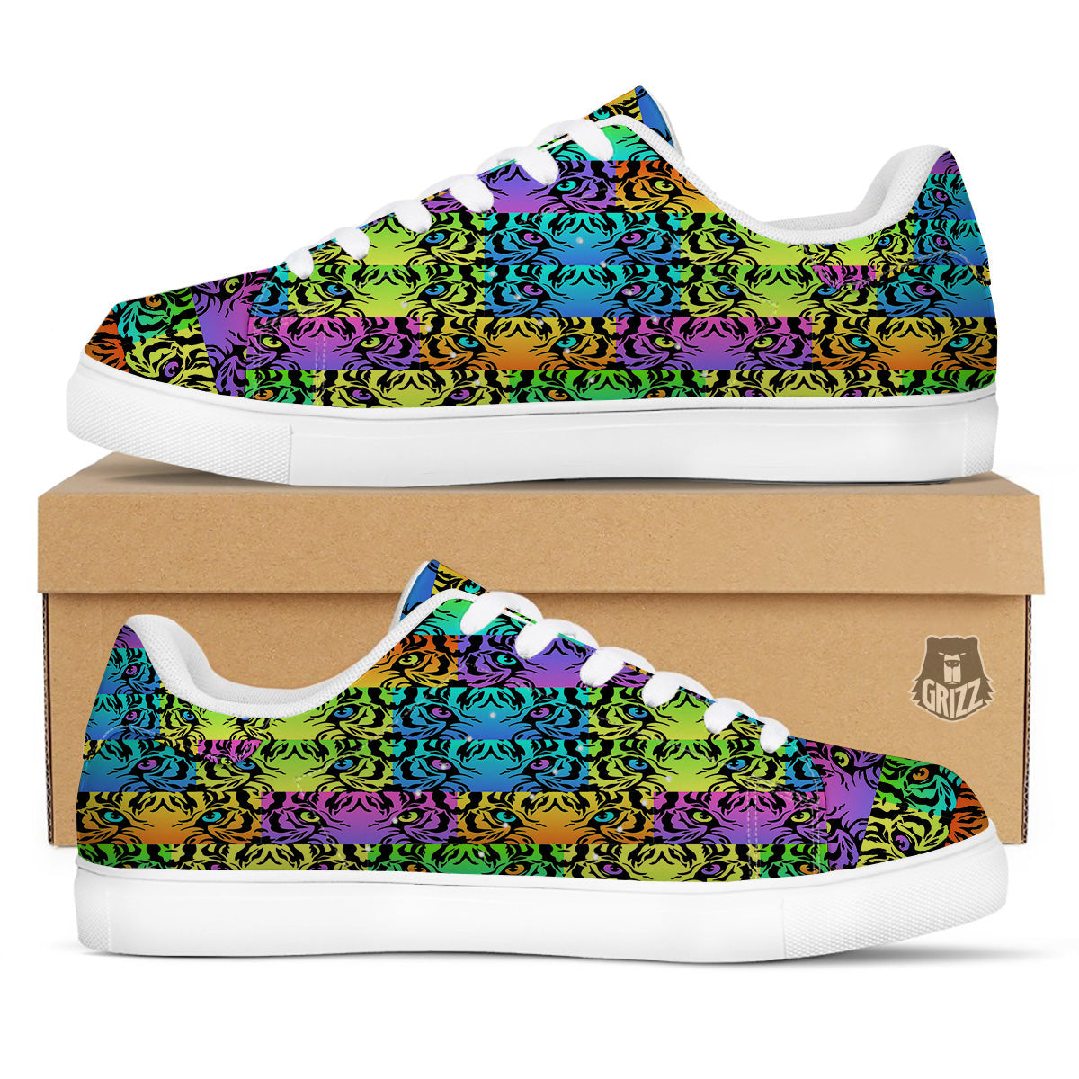 Rainbow Tiger Eyes Print Pattern White Low Top Sneakers-grizzshop