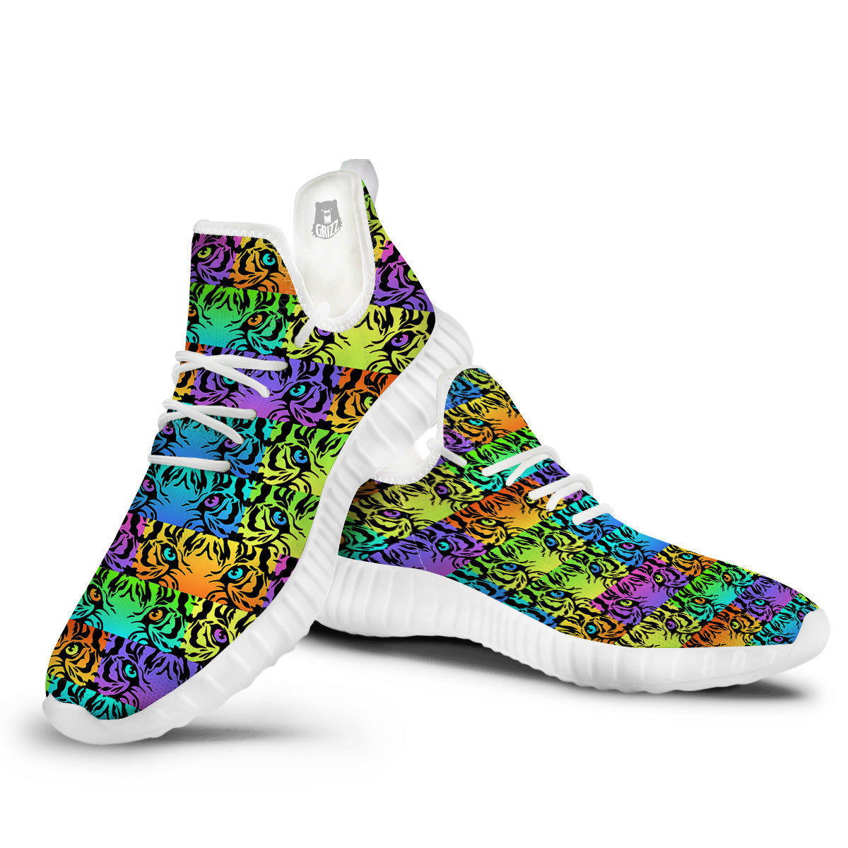 Rainbow Tiger Eyes Print Pattern White Walking Shoes-grizzshop