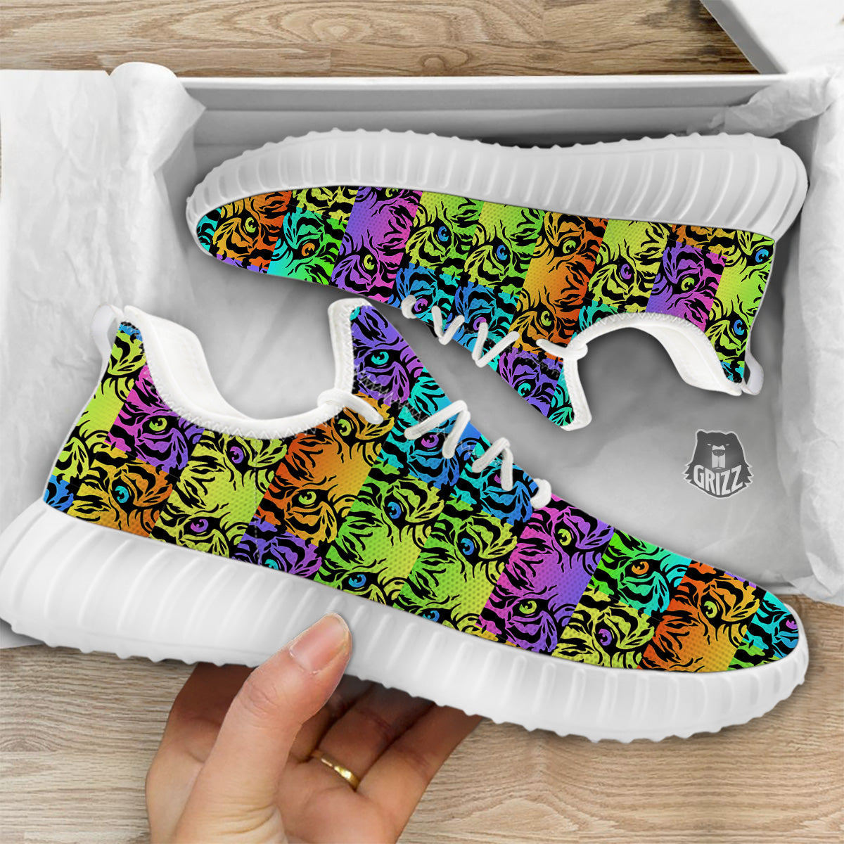 Rainbow Tiger Eyes Print Pattern White Walking Shoes-grizzshop