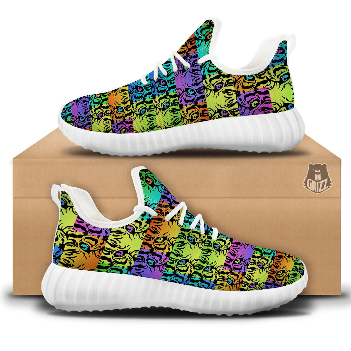 Rainbow Tiger Eyes Print Pattern White Walking Shoes-grizzshop
