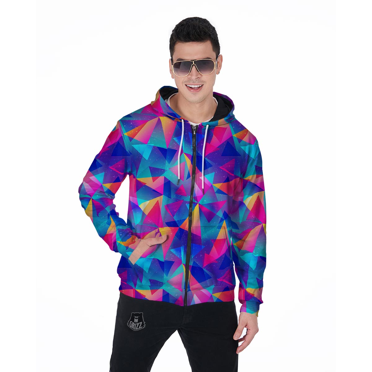 Rainbow Triangle Geometric Men's Zip Up Hoodie-grizzshop