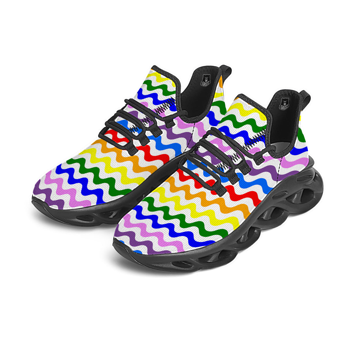 Rainbow Wave Striped Print Black Running Shoes-grizzshop