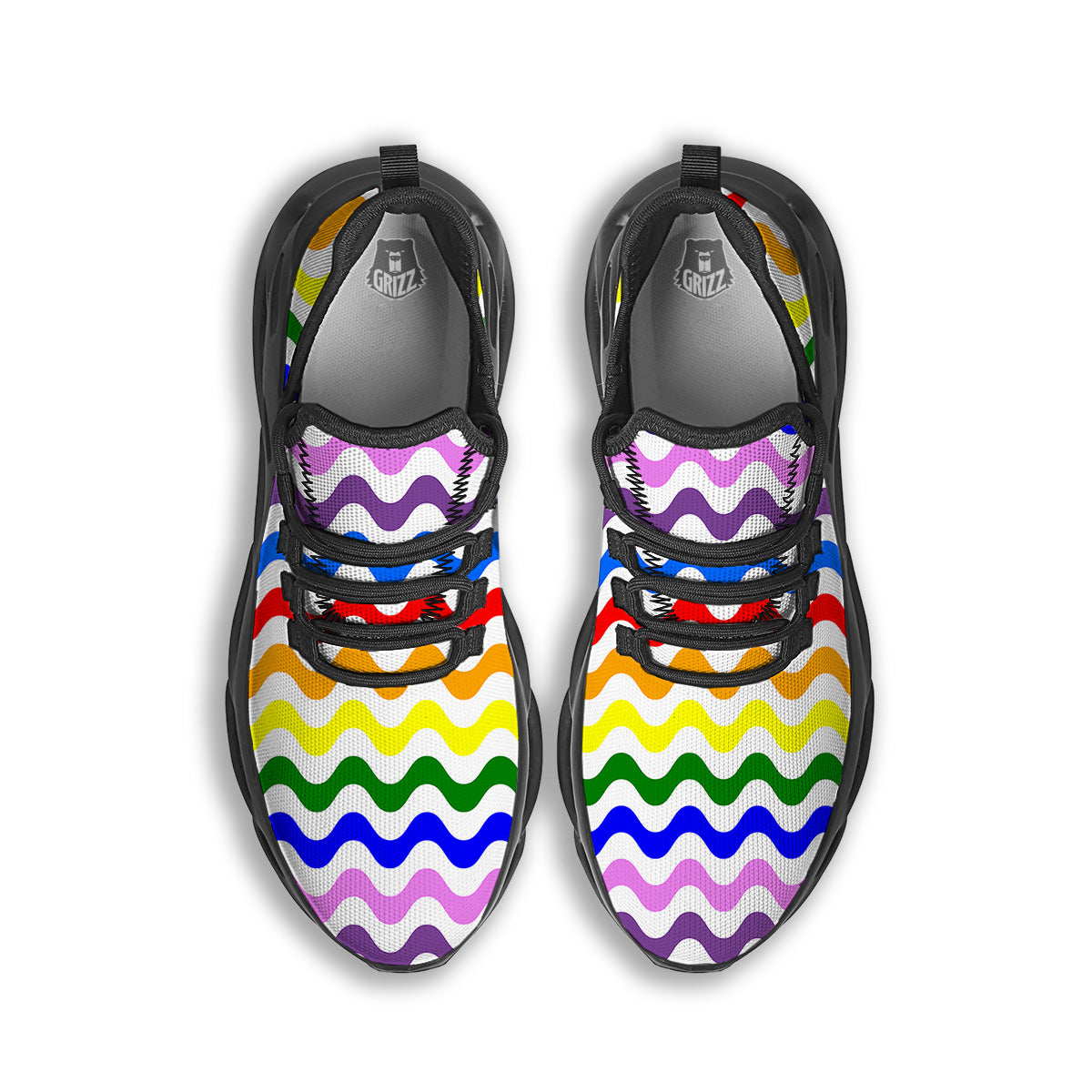 Rainbow Wave Striped Print Black Running Shoes-grizzshop