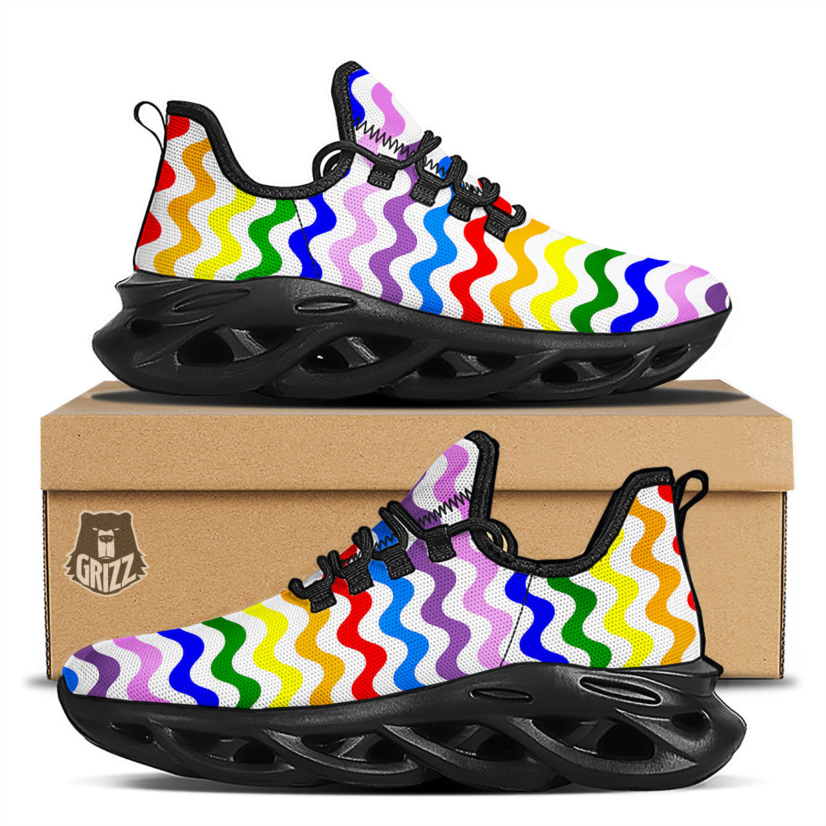 Rainbow Wave Striped Print Black Running Shoes-grizzshop