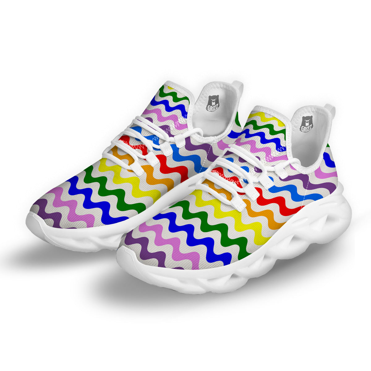 Rainbow Wave Striped Print White Running Shoes-grizzshop