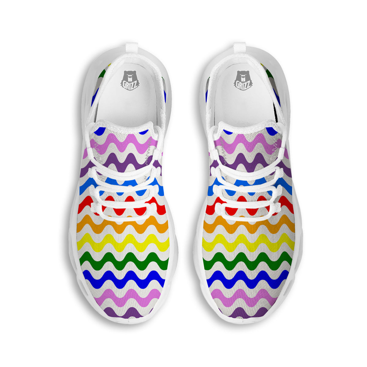 Rainbow Wave Striped Print White Running Shoes-grizzshop