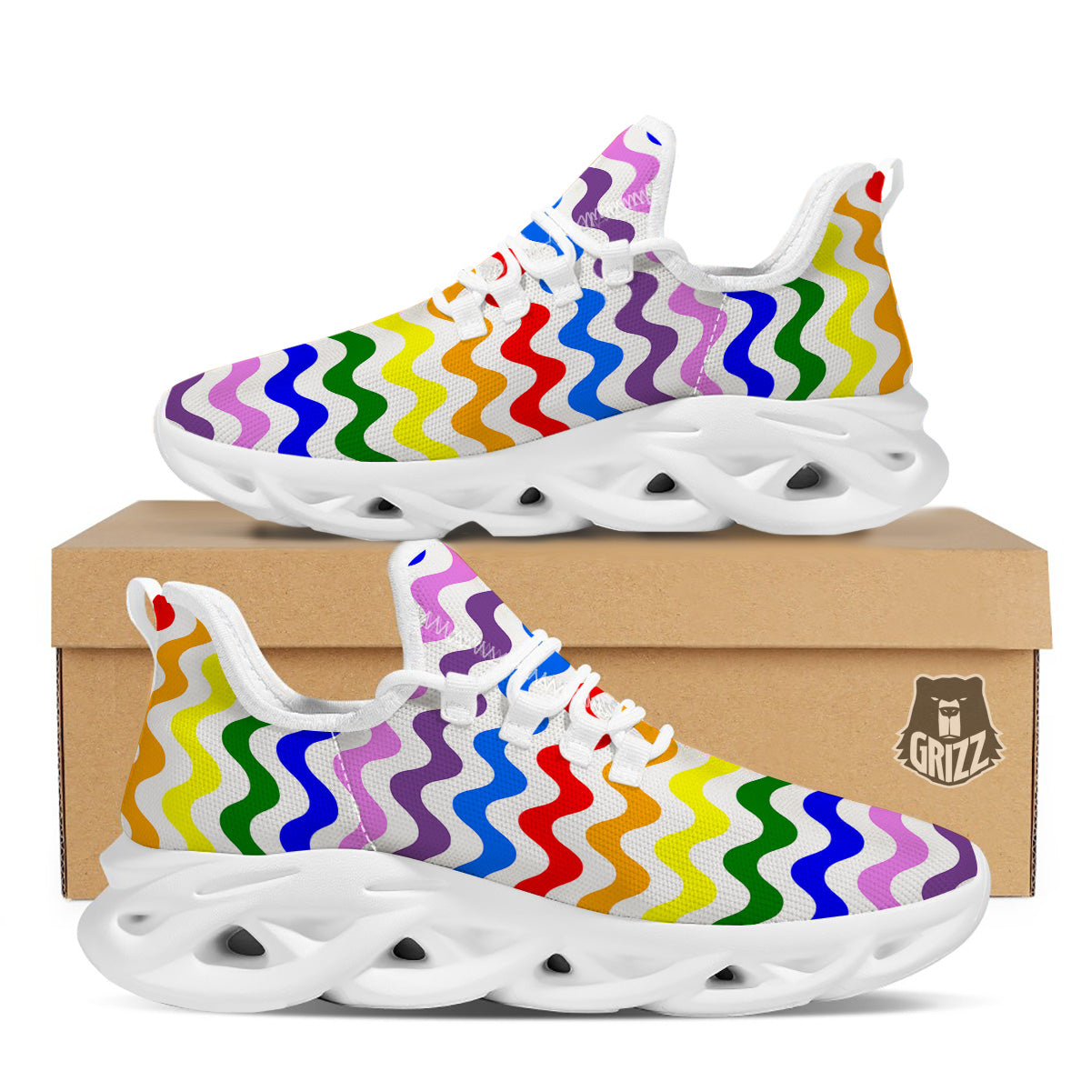 Rainbow Wave Striped Print White Running Shoes-grizzshop
