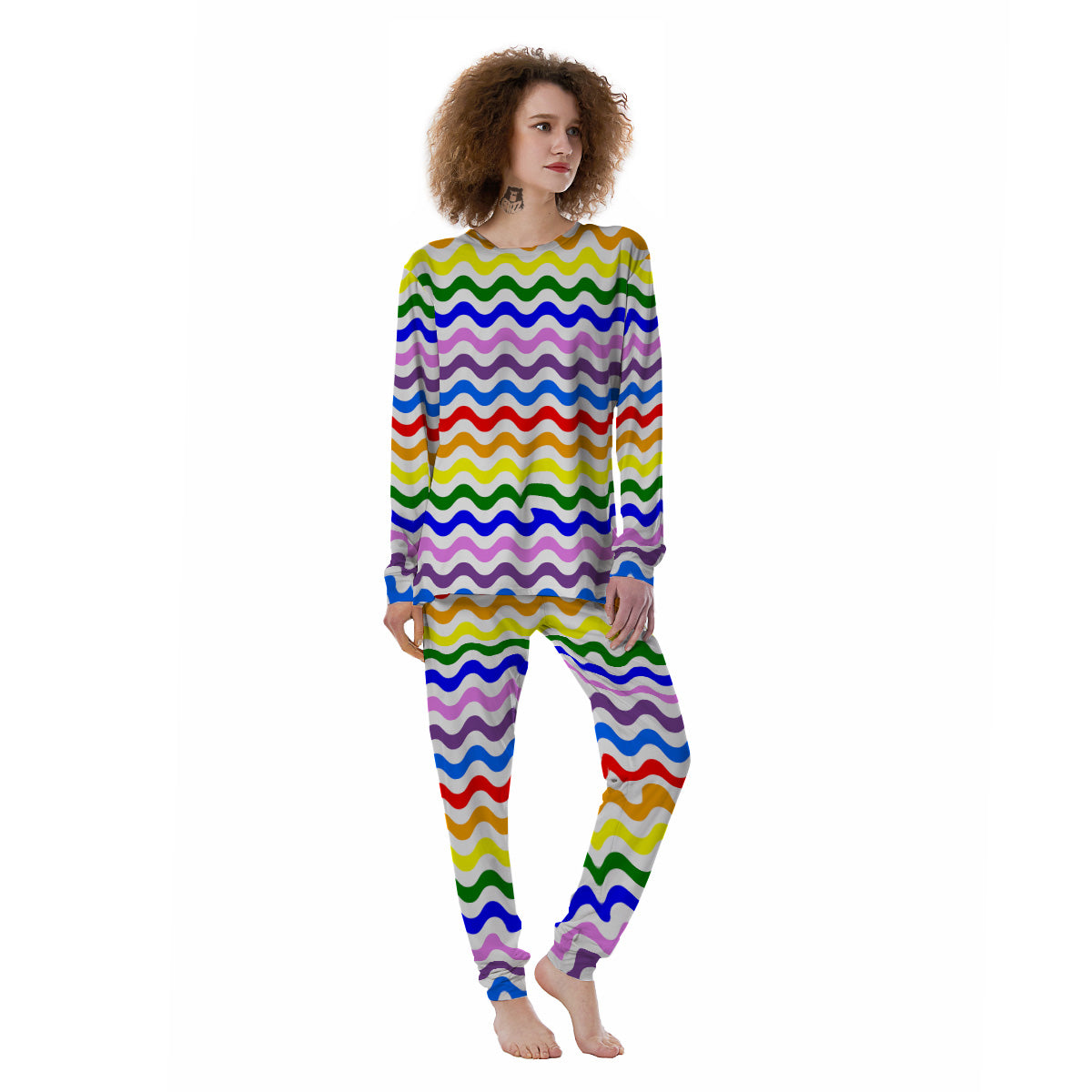 Rainbow Wave Striped Print Women's Pajamas-grizzshop