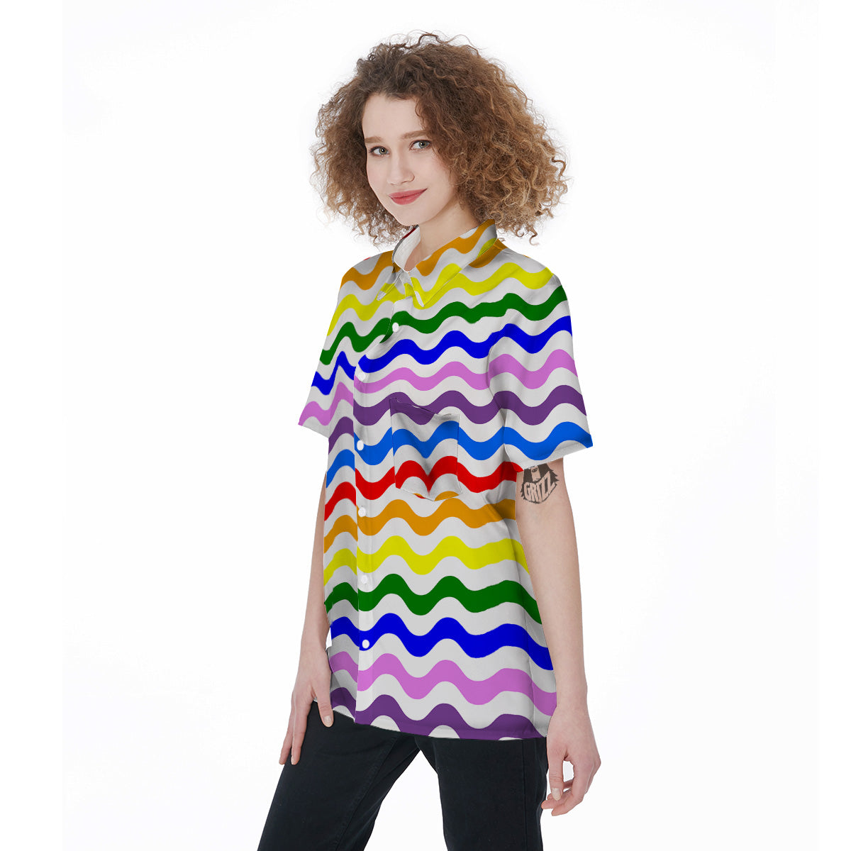 Rainbow Wave Striped Print Women's Short Sleeve Shirts-grizzshop