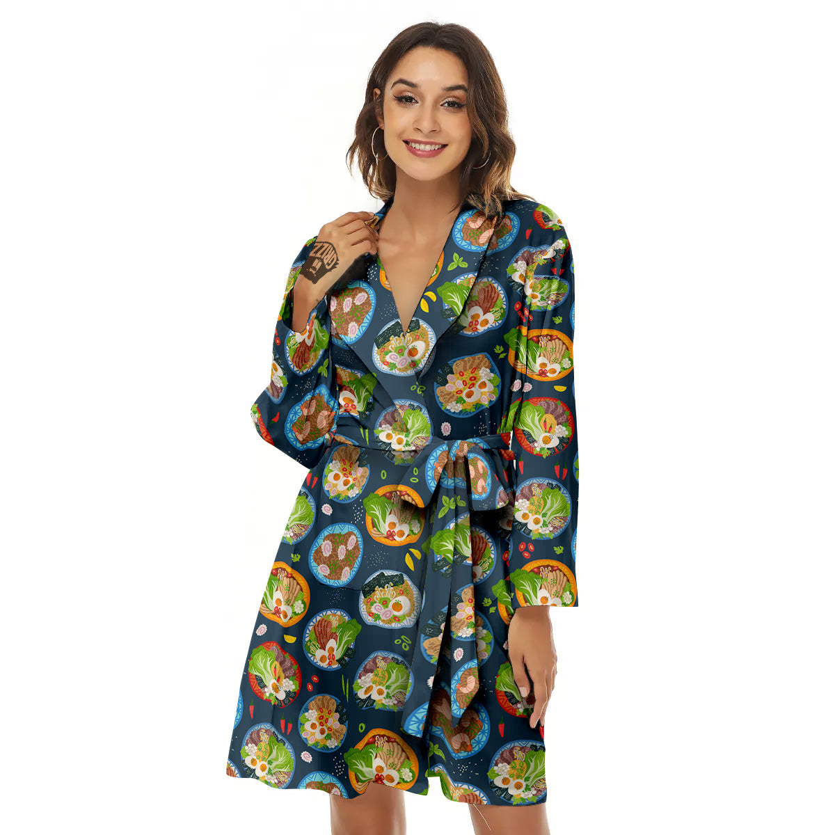 Ramen Udon Noodles In Bowl Print Pattern Women's Robe-grizzshop