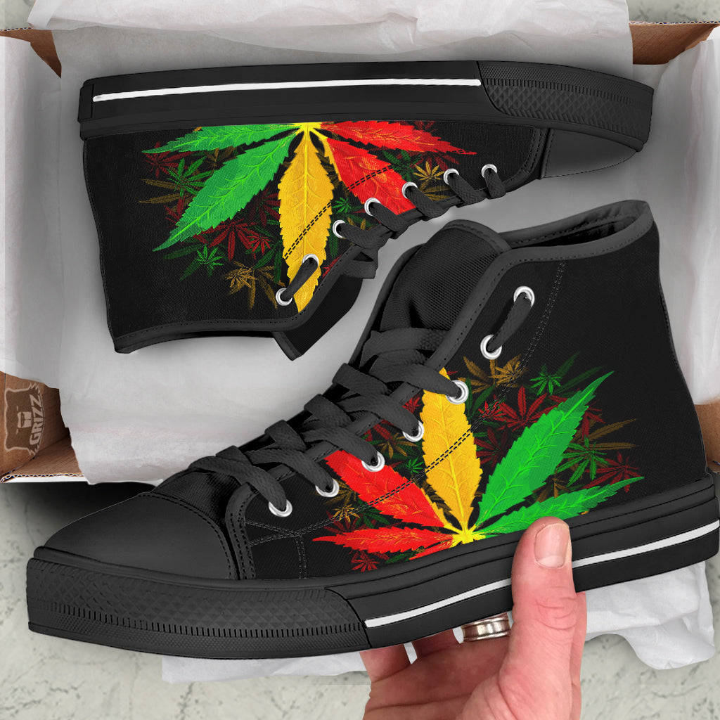 Rasta Cannabis Print Black High Top Shoes-grizzshop