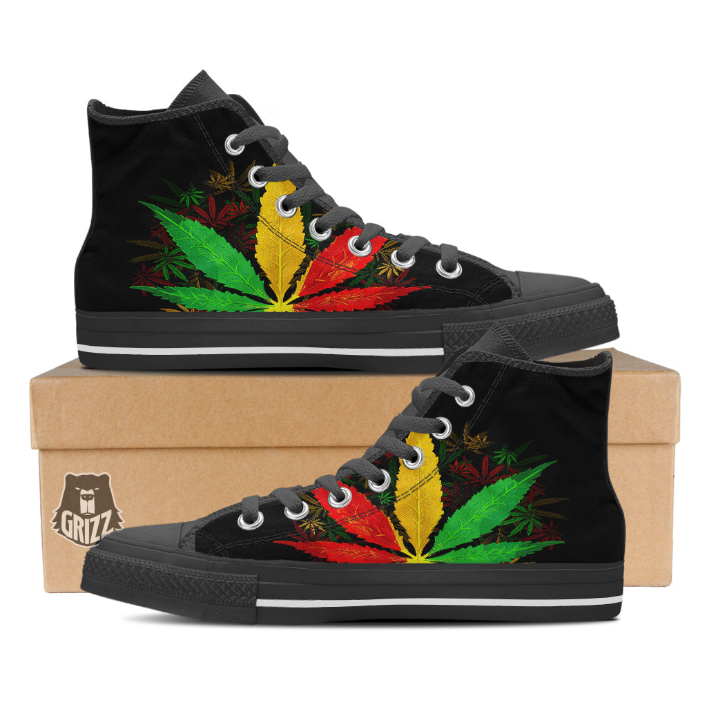 Rasta Cannabis Print Black High Top Shoes-grizzshop