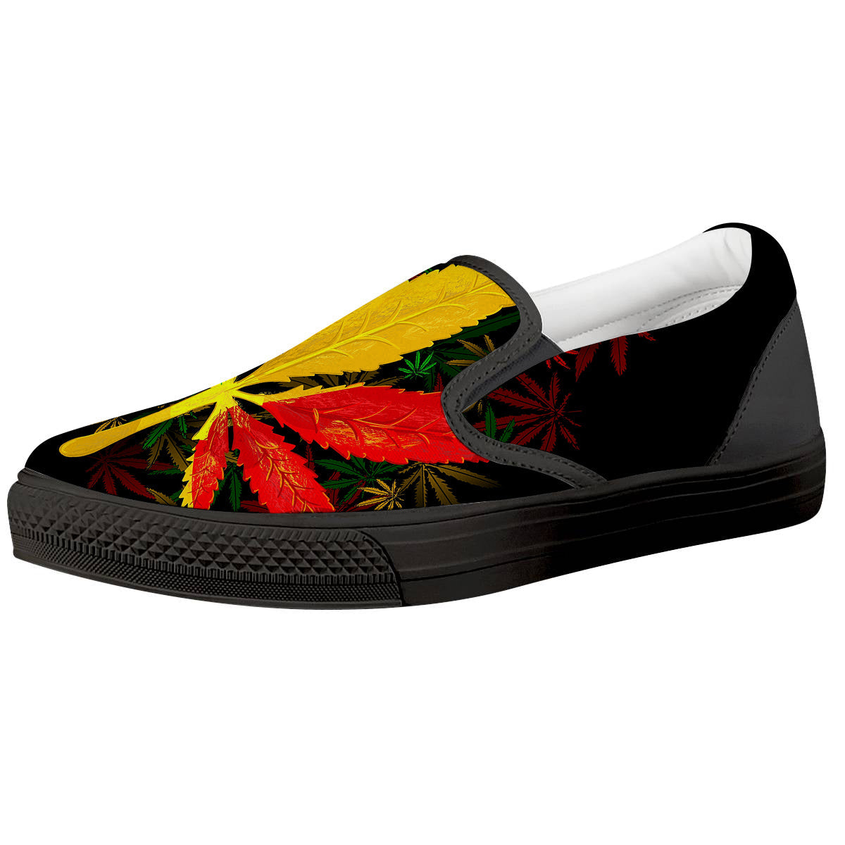 Rasta Cannabis Print Black Slip On Shoes-grizzshop