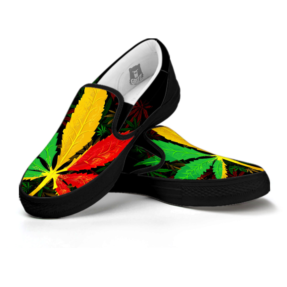 Rasta Cannabis Print Black Slip On Shoes-grizzshop