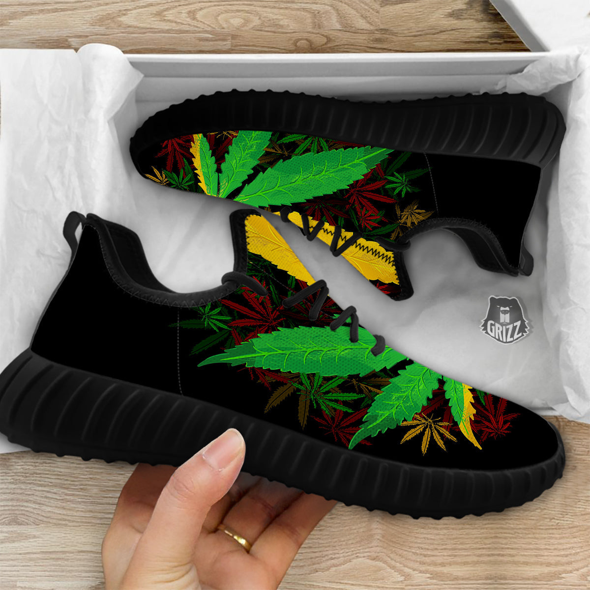 Rasta Cannabis Print Black Walking Shoes-grizzshop