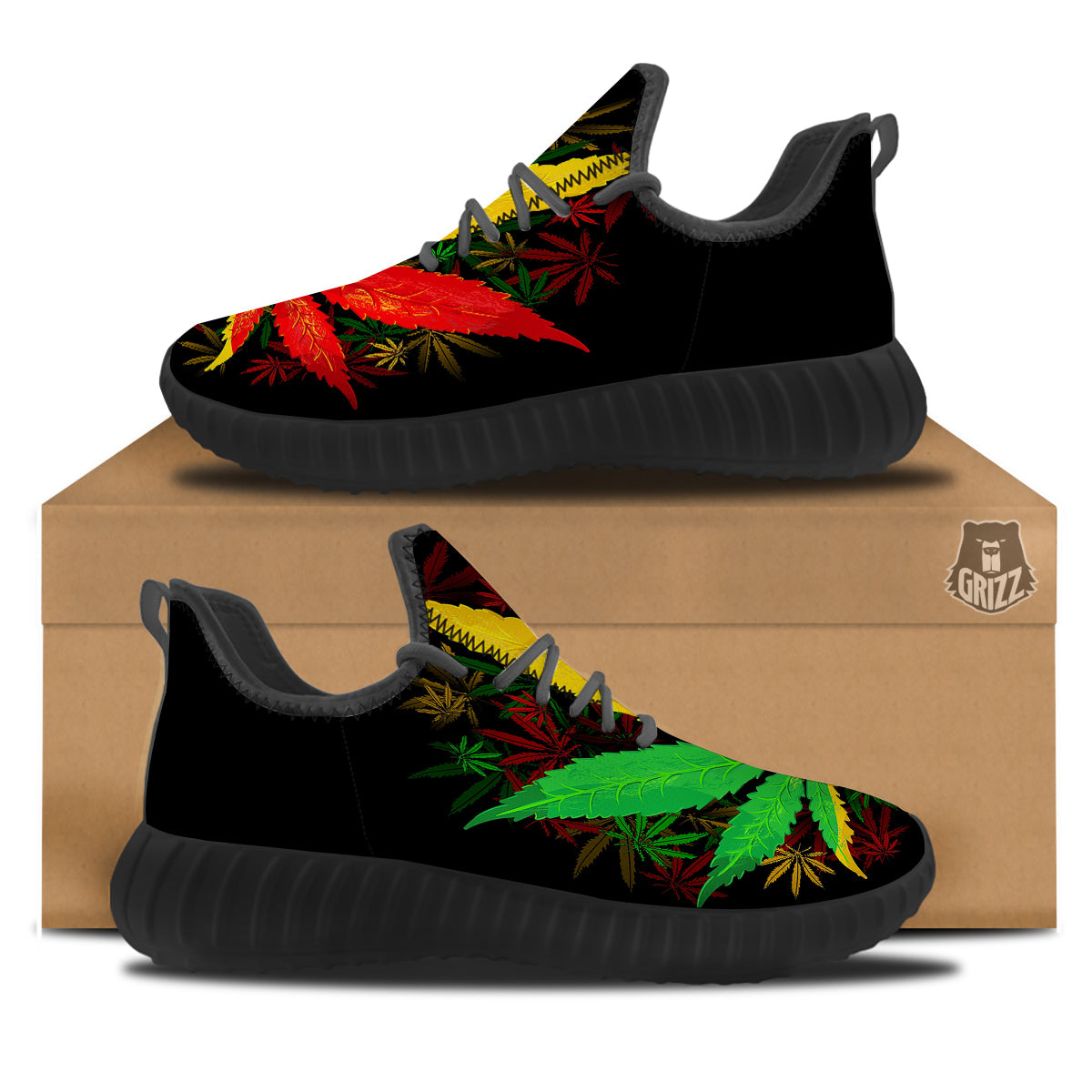 Rasta Cannabis Print Black Walking Shoes-grizzshop