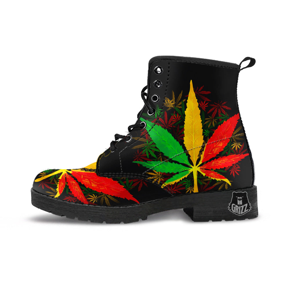 Rasta Cannabis Print Leather Boots-grizzshop