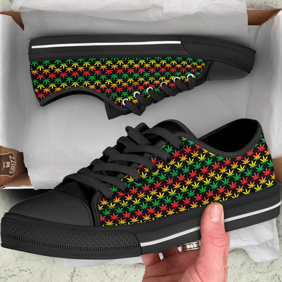 Rasta Cannabis Print Pattern Black Low Top Shoes-grizzshop