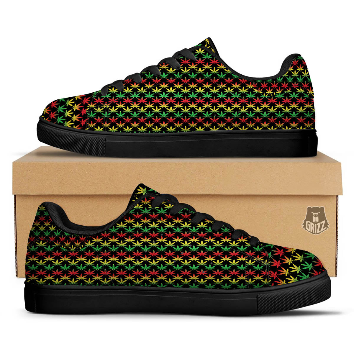Rasta Cannabis Print Pattern Black Low Top Sneakers-grizzshop