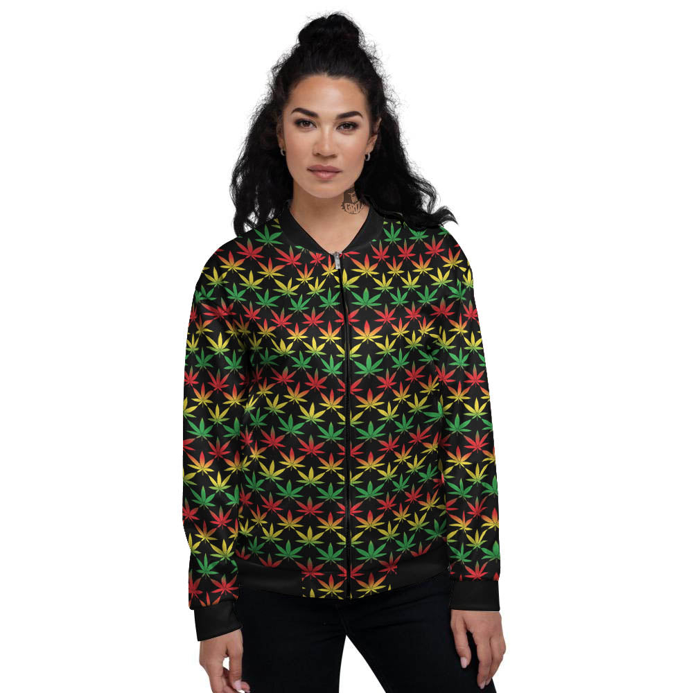 Rasta Cannabis Print Pattern Women's Bomber Jacket-grizzshop