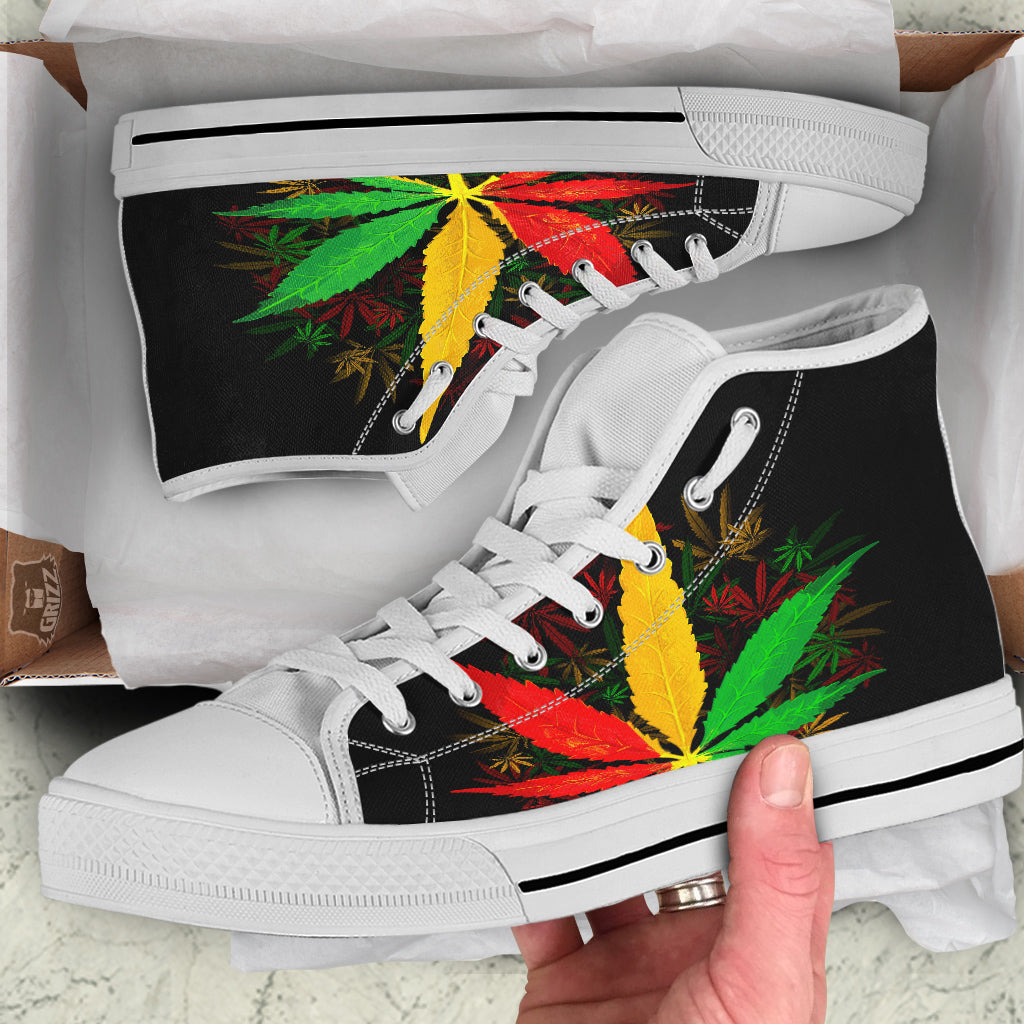 Rasta Cannabis Print White High Top Shoes-grizzshop