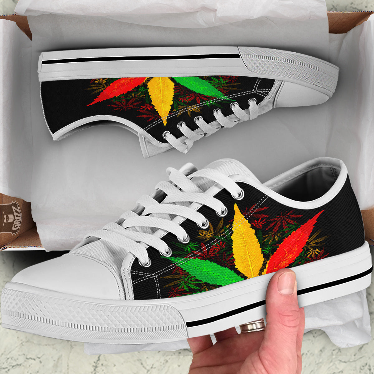 Rasta Cannabis Print White Low Top Shoes-grizzshop