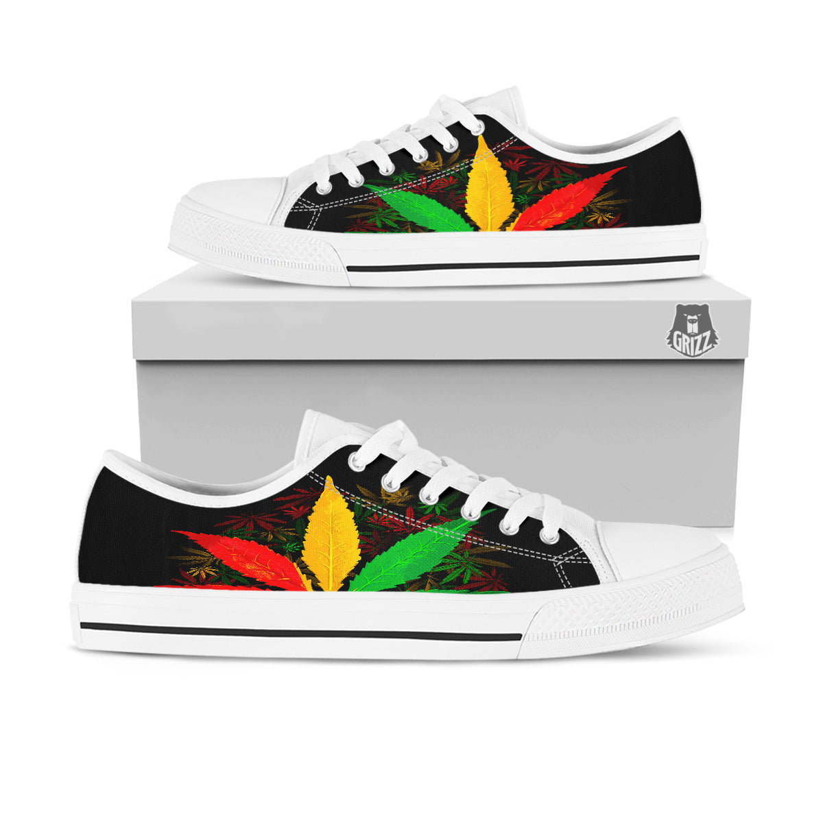 Rasta Cannabis Print White Low Top Shoes-grizzshop