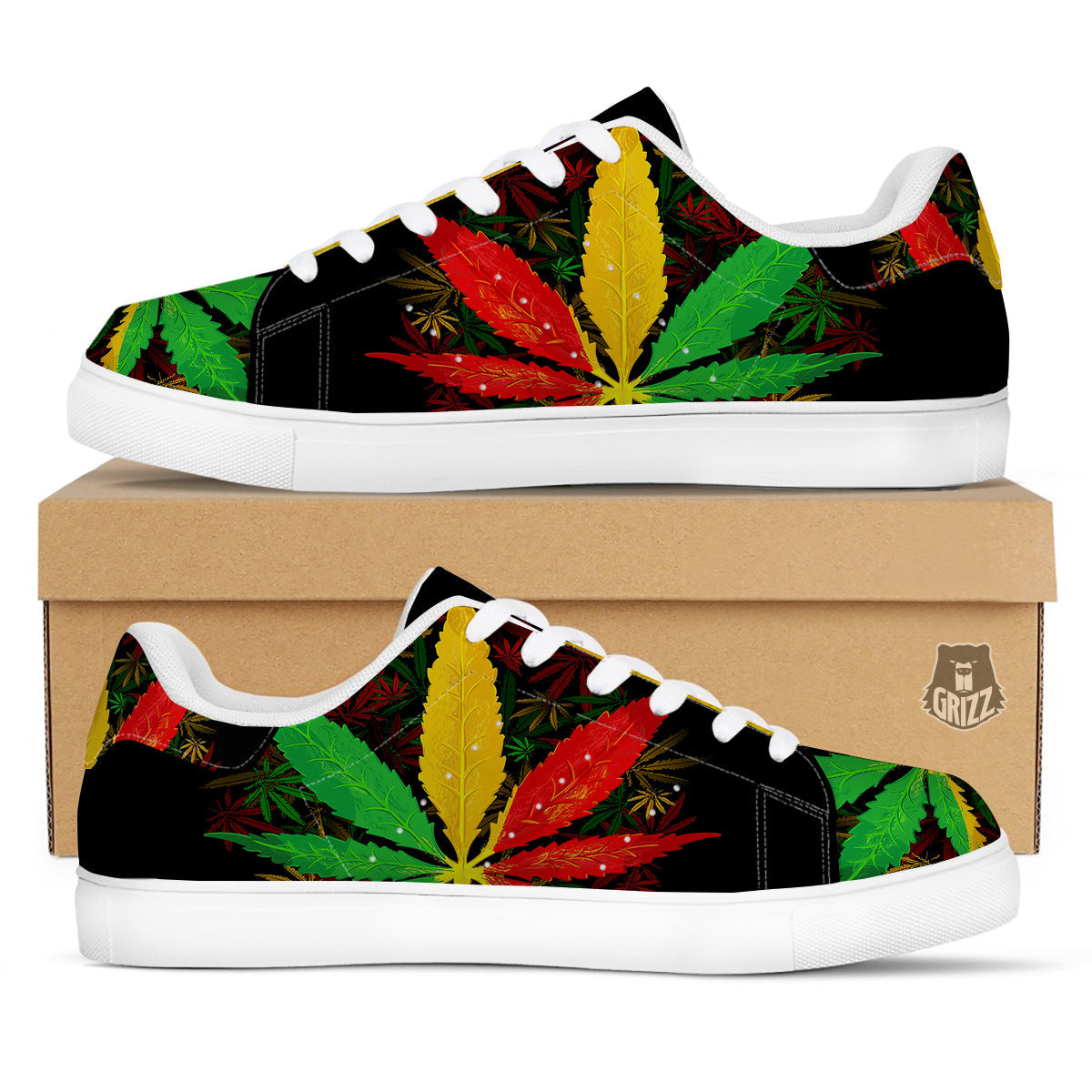 Rasta Cannabis Print White Low Top Sneakers-grizzshop