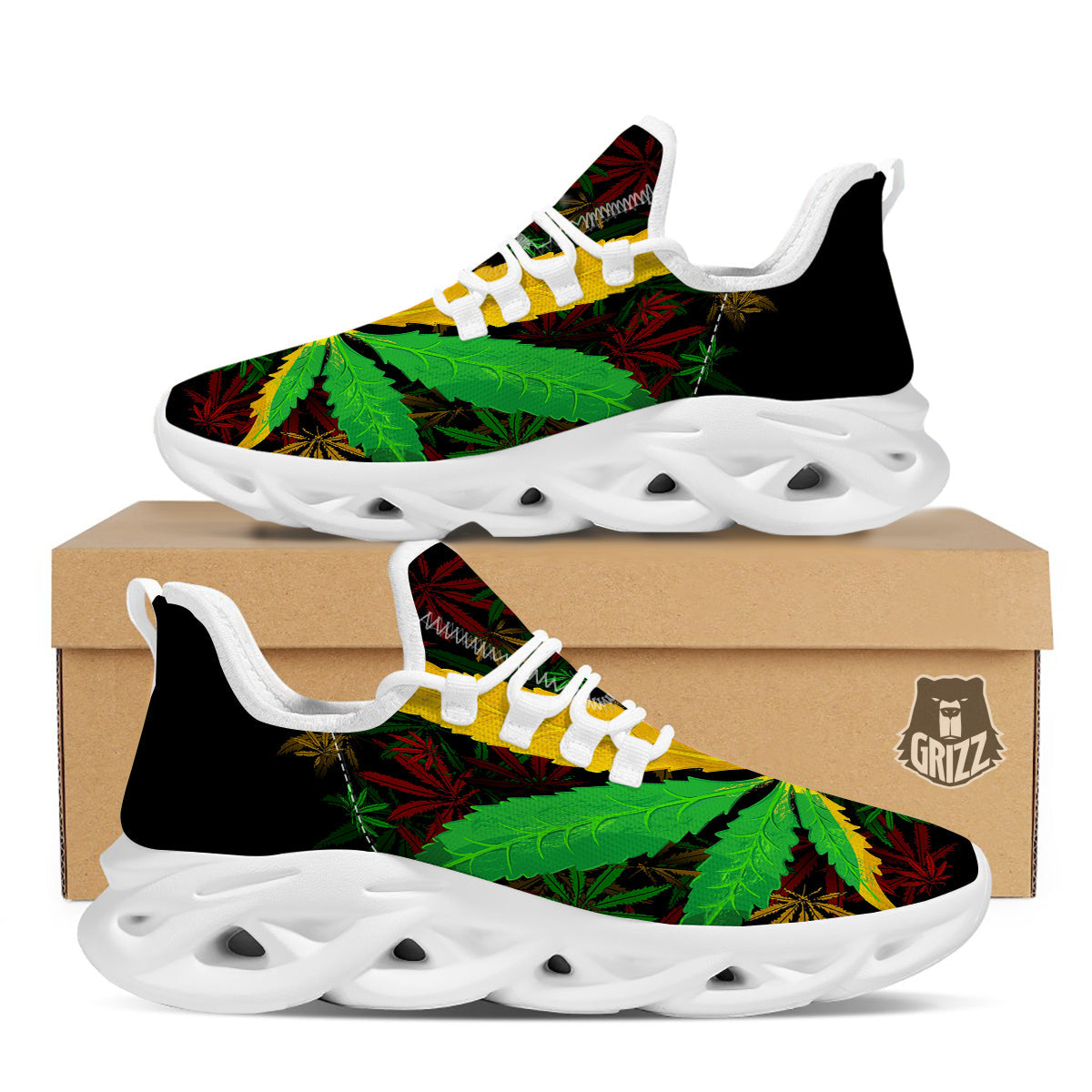 Rasta Cannabis Print White Running Shoes-grizzshop