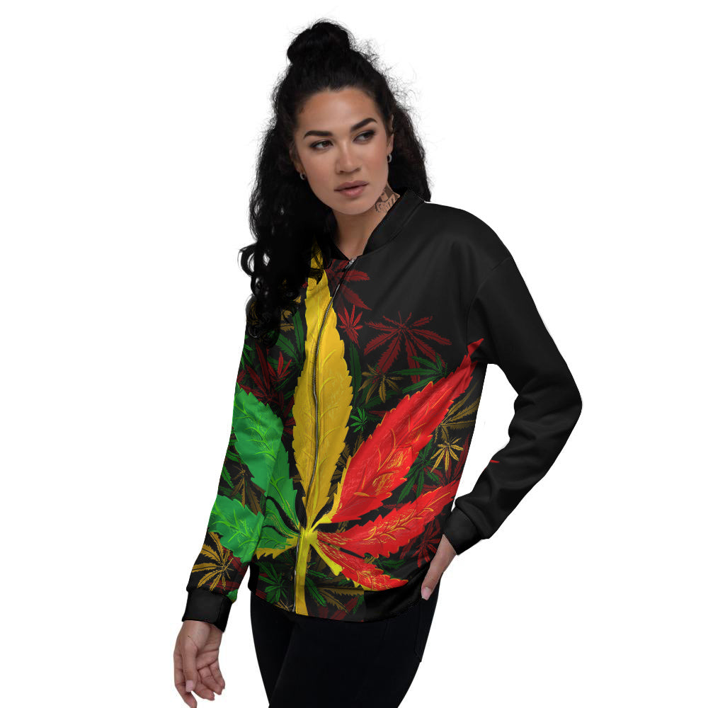 Rasta Cannabis Print Women's Bomber Jacket-grizzshop