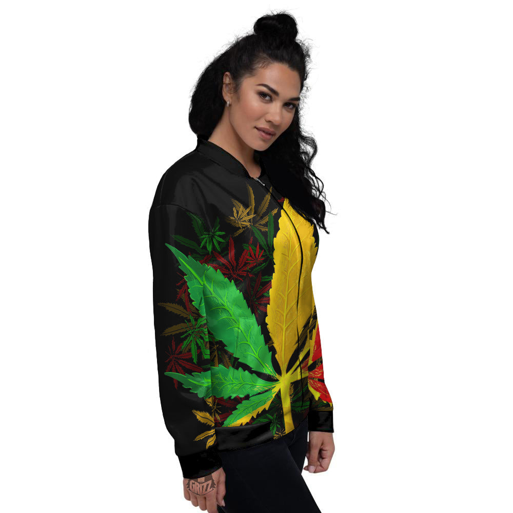 Rasta Cannabis Print Women's Bomber Jacket-grizzshop