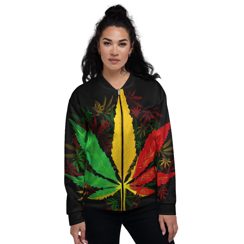 Rasta Cannabis Print Women's Bomber Jacket-grizzshop