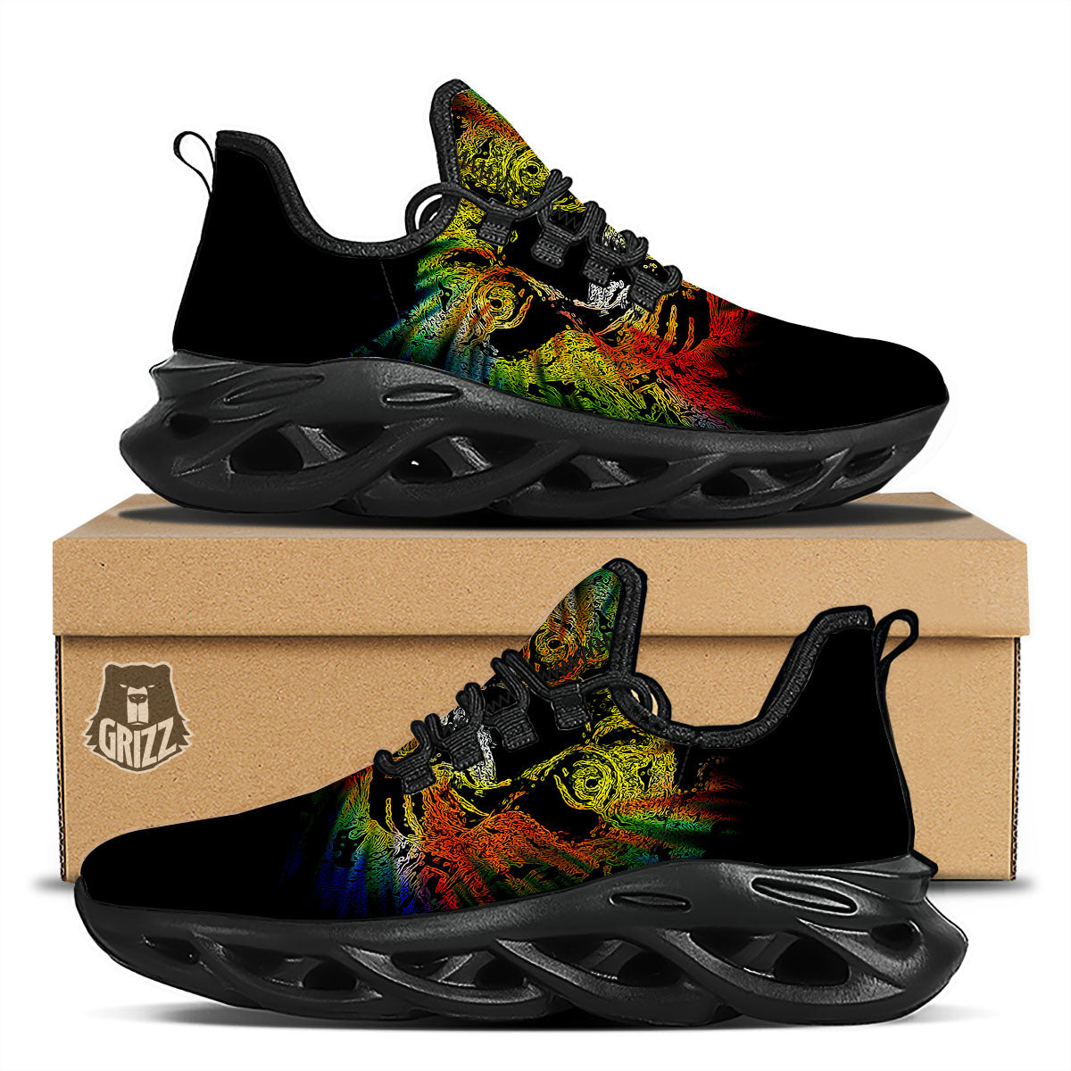 Rasta Lion Grunge Print Black Running Shoes-grizzshop