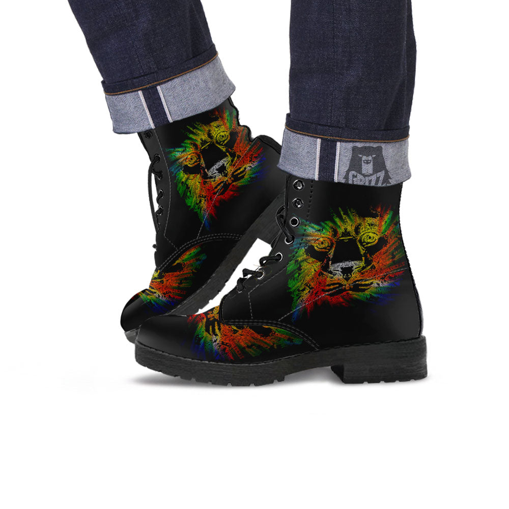 Rasta Lion Grunge Print Leather Boots-grizzshop
