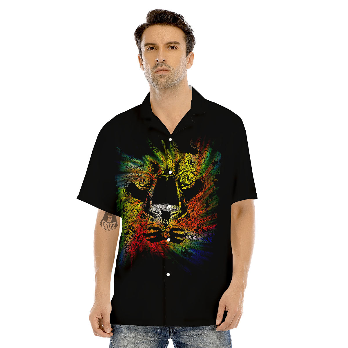 Rasta Lion Grunge Print Men's Hawaiian Shirt-grizzshop