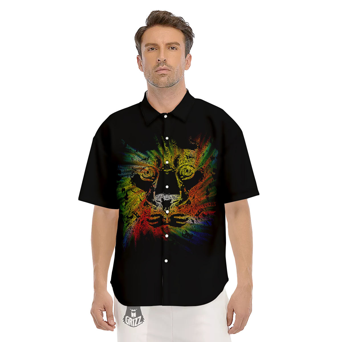 Rasta Lion Grunge Print Men's Short Sleeve Shirts-grizzshop