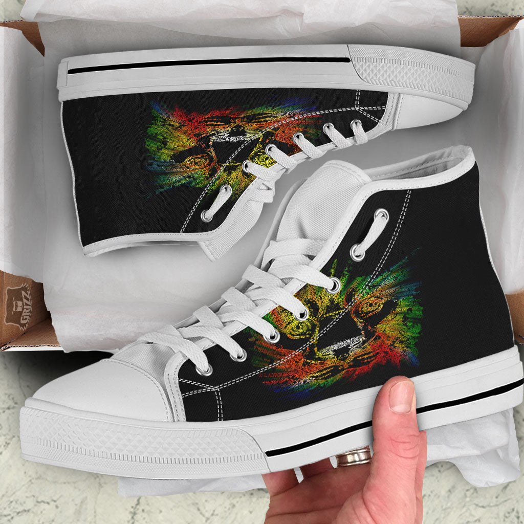 Rasta Lion Grunge Print White High Top Shoes-grizzshop